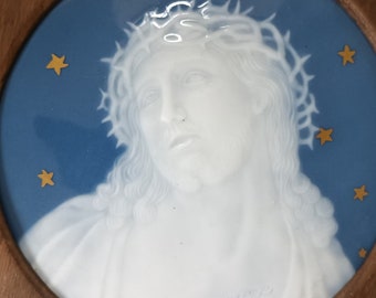 Crown of Thorns Pate-Sur-Pate Plaque, Limoges Porcelain Portrait of Christ by Antoine Barriere of Limoges, France circa 1900