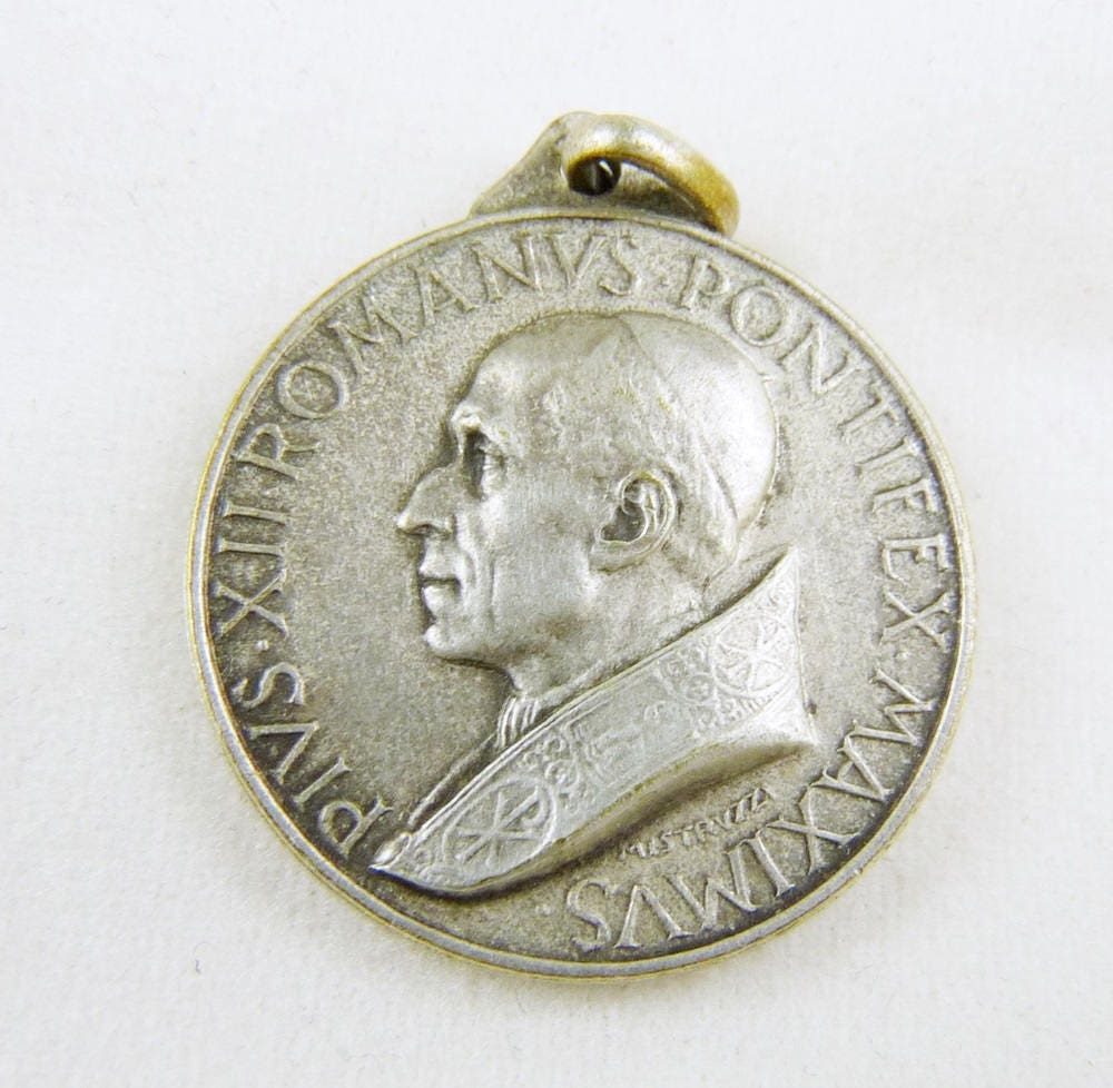 Christian Médaille Pape Pie Xii, Argent, Circa 1958, avec 18 Pouce Chaîne en Argent