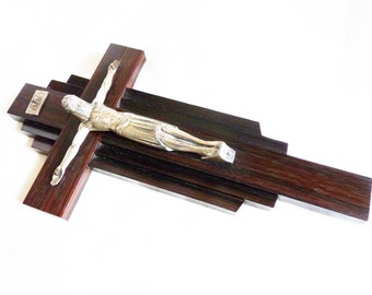Art Deco ebbenhouten kruisbeeld, verzilverd brons Corpus Christi, Frankrijk 1920 (30 x 17 cm) Verzending inclusief invoerrechten