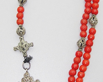 Antique Biedermeier Coral Rosary, Silver Filigree Cross, Bavarian Reliquary, 1840