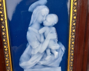 The Virgin Mary With Jesus, Limoges Enamel by Marcel Chaufriasse, Pate-Sur-Pate Plaque, Signed