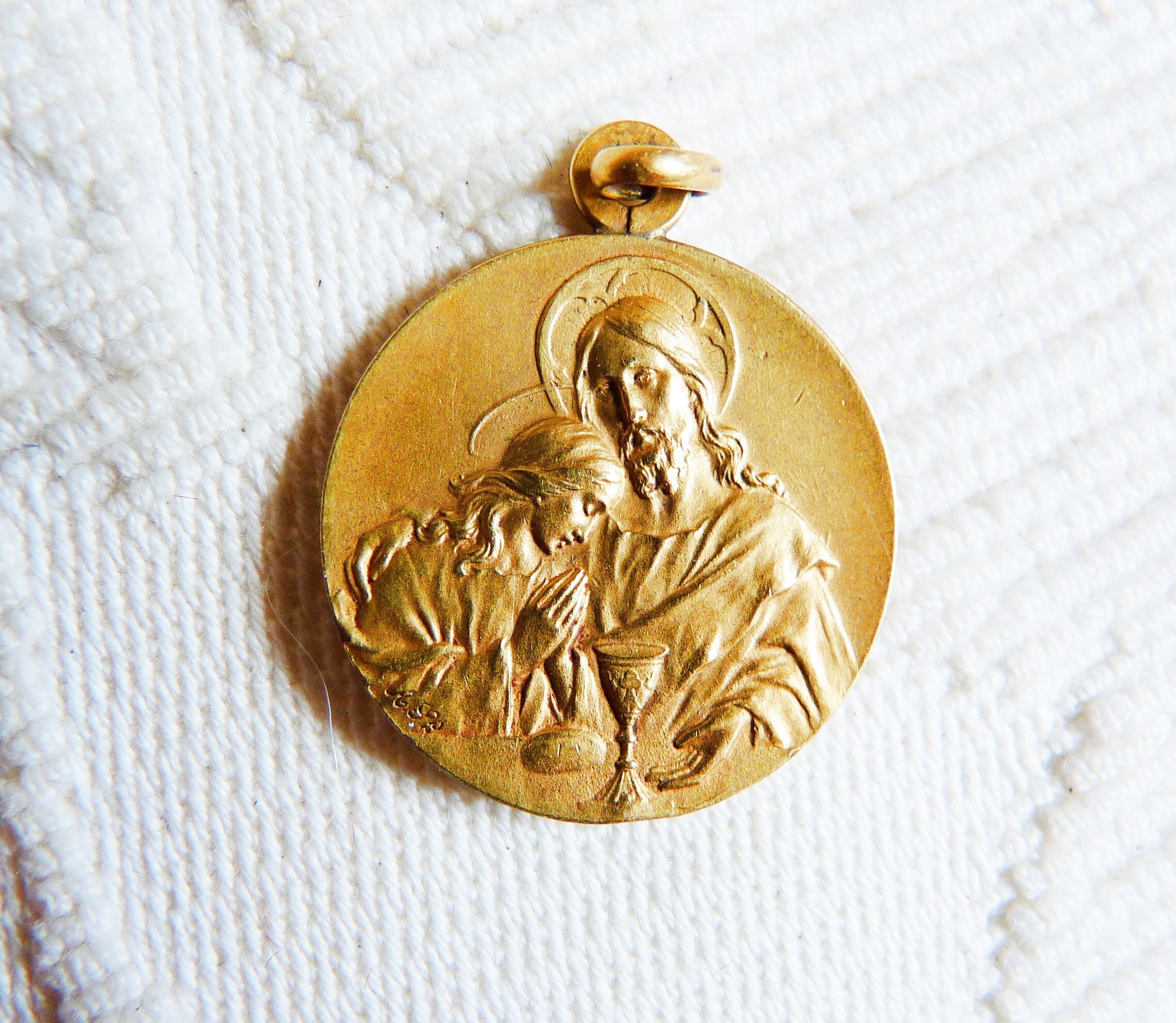 Médaille de Communion Antique 22 Carats Laminé Or, Français Oria, Vers 1920, 2, 5 Centimètres Diamèt