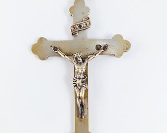 Antique Bronze Cross Pendant – Pilgrimage Souvenir from St. Anne de Beaupré Basilica, Quebec, c.1890, Handmade 10x6cm Religious Medal