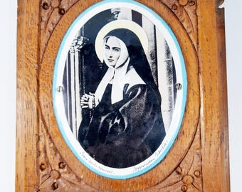 St Bernadette of Lourdes, Enamel Plaque Set Onto Carved Oak Base, Late 19th Century, 15 x 18 x 2 cm, Lovely Condition