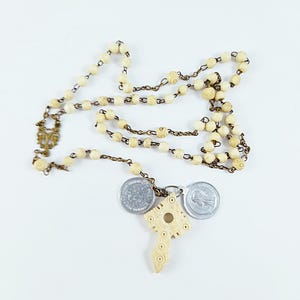 Antique Bone Rosary, Bronze  Chain and Link Medal, With Two Pilgrimage Medals