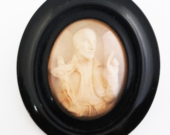 Saint John Francis Regis Carving – Antique c.1850 French Oak Frame, Napoleon III Era, Original Glass Dome, 14x12cm Religious Art