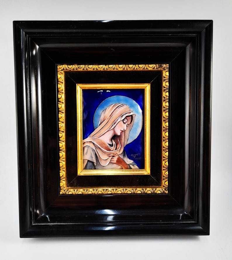 Limoges Enamel Of The Virgin Mary, by Pierre Bonnet Master Enameller Of France, French Religious Enamel From Limoges France circa 1930 image 1