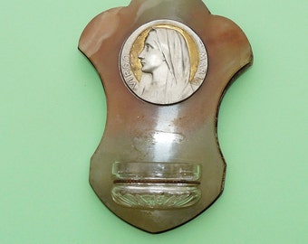 Holy Water Font With Medal Engraved By Emile Dropsy In Onyx With Hand Cut Crystal Font and Bronze Back Plate