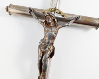 Antique Chapel Cross, Chromed Bronze, Lourdes Souvenir, 25 x 13 Centimetres, Circa 1890