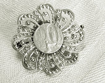 Lourdes Silver Brooch With Scene of The Grotto At Lourdes, Lovely Condition, Circa 1880, 3.5 Centimetre Diameter