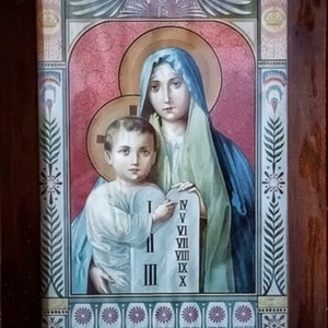 Madonna col Bambino, litografia antica donata a Souis Baujot nel 1908, 45 x 32 cm, splendido dipinto in eccellenti condizioni.