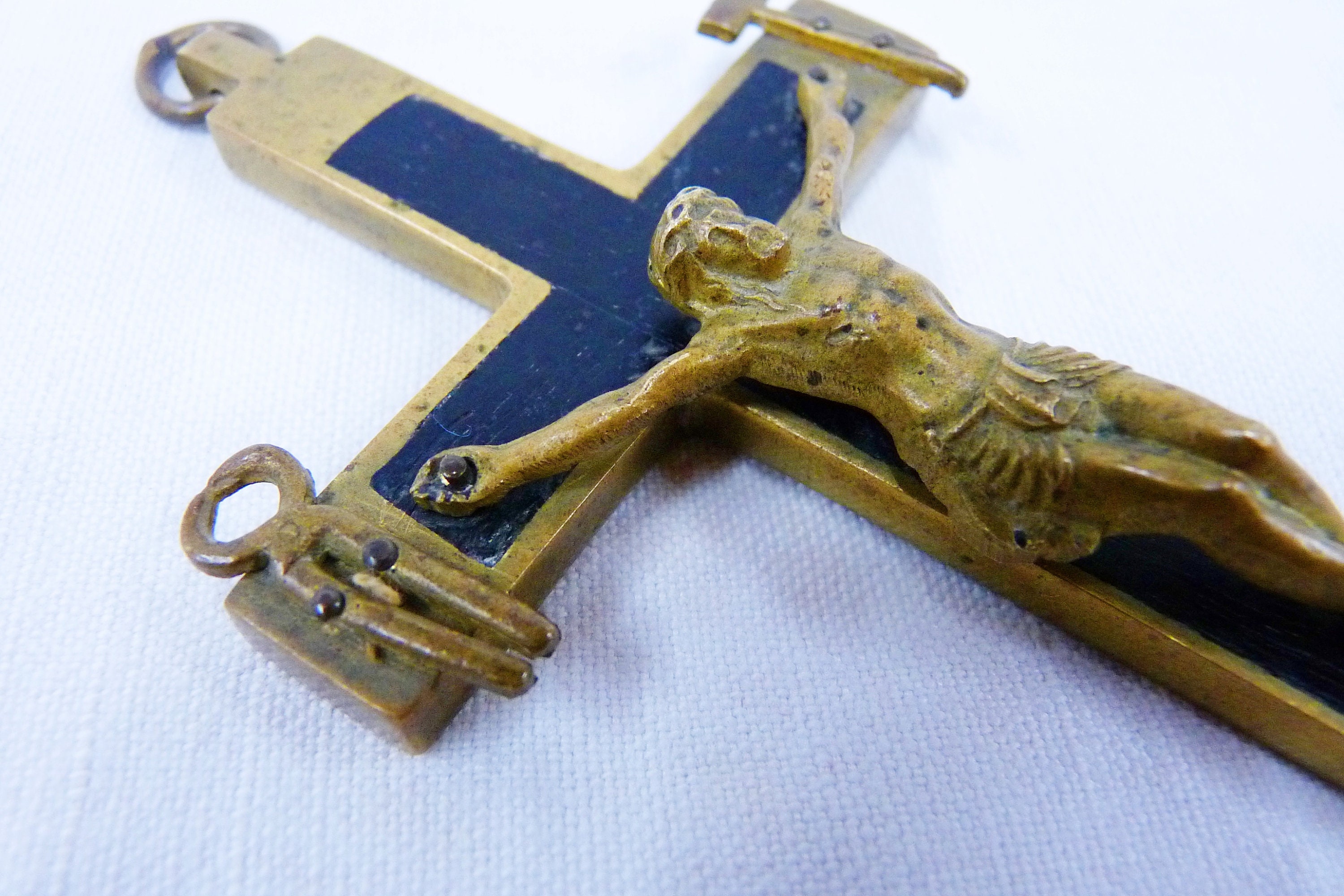 Crucifix de Profession Antique, Très Rare Passion Du Christ Crucifix, Bronze Incrusté d'ébène Vers 1