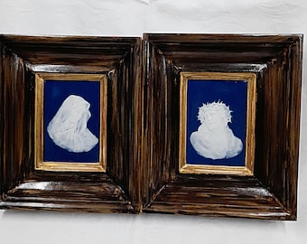 Our Lady Of Perpetual Sorrow and The Passion of Christ by Marcel Chaufriasse, Pate-Sur-Pate Plaques, Rare Signed Pair, Set Into