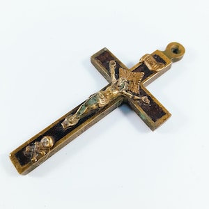 Antikes Golgatha-Kruzifix - handgemachte Bronze- und Ebenholzeinlage, religiöses Kreuz aus der Mitte des 18.Jahrhunderts, seltene christliche Devotionalienkunst
