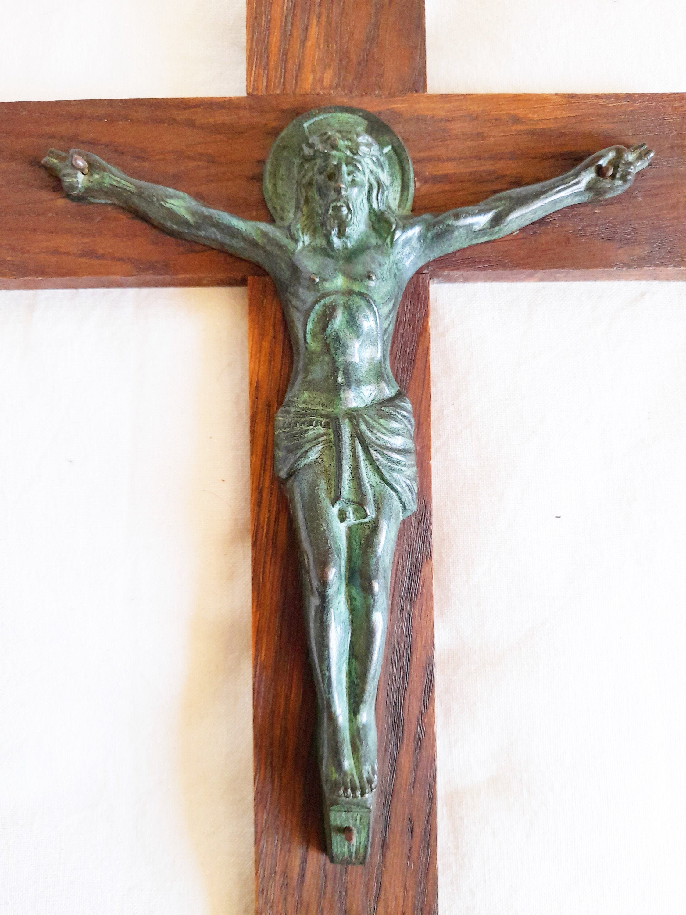 Croix Antique de Chapelle avec Le Christi Corpus Bronze et La Croix Chêne, Français Circa 1850, Bell