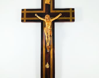 Antique Chapel Cross, France Circa 1890, Gilded Spelter Corpus Christi, Straight Grained Ebony, 25 x 13 centimetres, Our Lady of Lourdes