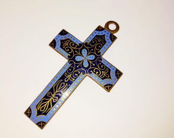 Antique Pendant Cross, French Enamelled Pendant Cross, French Cloisonne Cross, Circa 1870, 6 x 4 Centimetres, Perfect Condition