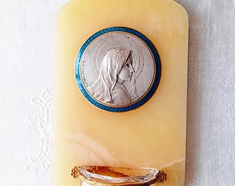 Holy Water Font, Silvered Copper Medal by Sylvain Kinsburger, French Circa 1900, Beautiful Enamelled Bronze Ring, Crystal Font, Marble Base