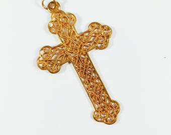Antique Pendant Cross, 22 carat Gold Plated , 5 x 3.5 centimetres, 4.1 grams, Circa 1920 By Delaby Jewelers of Bethune France