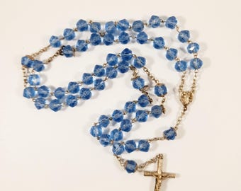 Faith, Hope and Charity Rosary, French, Large Hand Cut Blue Crystal Beads, Puffed Silver Cross and Link Medal, French Circa 1890