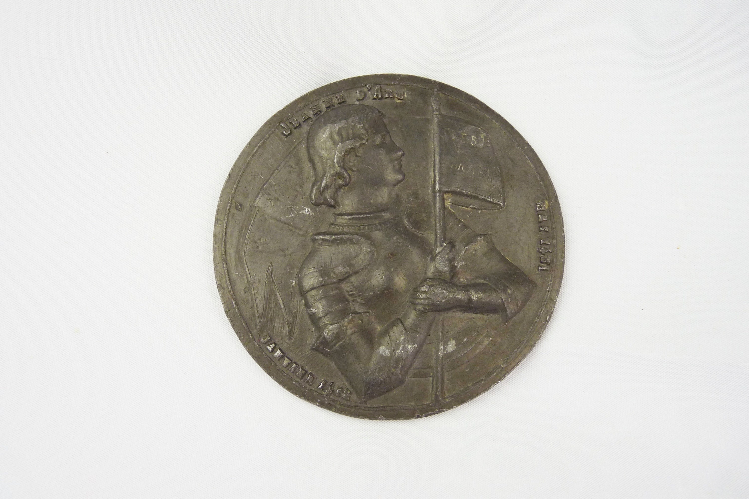 Médaille Jeanne d'arc, Grand Lingot d'étain de 12 Centimètres Diamètre, 19E Siècle