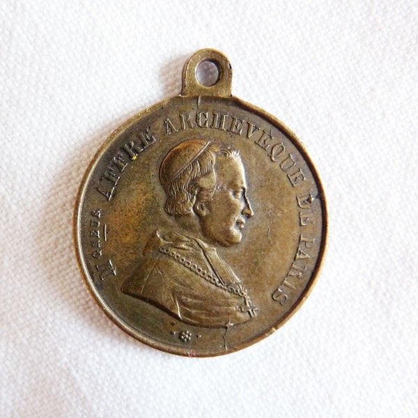 Rare médaille de bronze de Denis-Auguste Affre, archevêque de Paris, Martyred en 1848, CIRCA 1860, 2,3 cm de diamètre