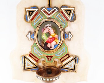 Antique Holy Water Font, Circa 1870, Enamelled Bronze With Painted Porcelain Miniature, Madonna of the Chair after Raphael, Onyx Base