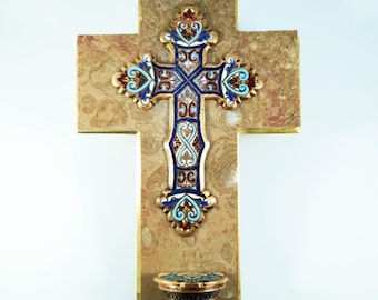 Holy Water Font, Limoges Enamel On Bronze, by Emile Bouasse, Solid Bronze Back, Marble Base circa 1870
