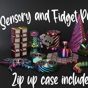 May include: A set of 10 iridescent fidget toys in a variety of shapes and sizes, including a fidget spinner, a cube, a ring, and a snake. The toys are arranged on a black surface and the text "Sensory and Fidget Pack! Zip up case included!" is written in white at the top of the image.