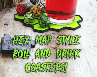 4 pack - DND Hex Map style, Roll and drink, Dice Coaster - RPG, roleplaying gift Dungeons and Dragons