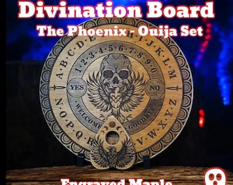 Handmade Wooden Ouija Board & Planchette Set Spirit Board with Skull and Phoenix Engraving