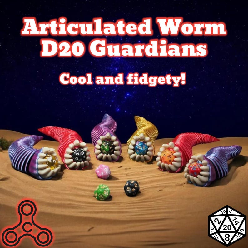 May include: Articulated Worm D20 Guardians are featured in this image. The image shows several colorful, worm-shaped figures, each holding a D20 die. The text "Cool and fidgety!" is also included.