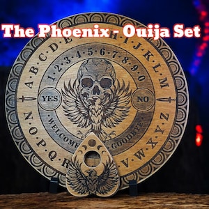 Handmade Wooden Ouija Board & Planchette Set Spirit Board with Skull and Phoenix Engraving