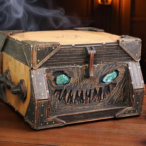 Coffre à imitateurs en bois fabriqué à la main - Boîte de dés du chaos avec yeux en résine pour les joueurs de D&D