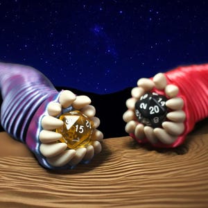 May include: Two fantasy-themed dice are held by stylized, tentacle-like forms. One die is yellow with the number 15 visible, the other is black with the number 20 visible. The background is a night sky with stars.