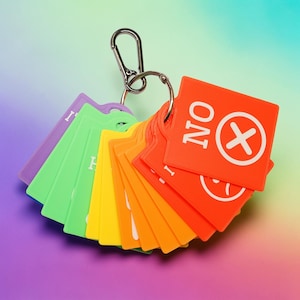 May include: A set of colourful plastic communication cards attached to a silver metal keyring with a carabiner. The cards feature various icons and the word NO in white text on a bright orange square card at the front of the fan-shaped arrangement.