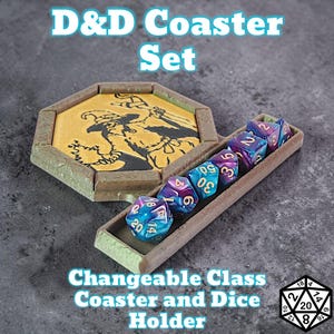 May include: A D&D coaster set with a dice holder. The set features a hexagonal coaster with a wizard illustration and a dice tray. The dice are blue, purple, and gold. Text on the image reads "D&D Coaster Set" and "Changeable Class Coaster and Dice Holder."