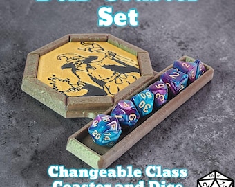 Dungeons and Dragons Coaster set with Dice Tray, 6 Class Inserts, DND, tabletop gaming
