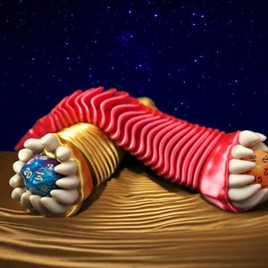 May include: A whimsical, fantasy-themed sculpture featuring a red, ridged form with gold accents, holding two multi-sided dice. One die is blue, the other orange, set against a starry night sky and a textured, golden surface.