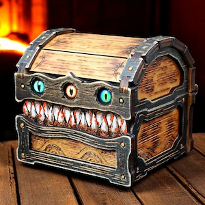 Boîte à dés mimique - Coffre au trésor D&D en bois brûlé de style Kishin pour dés RPG