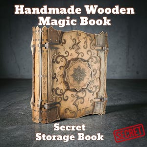 Handmade Wooden Magic Book Box – Secret Storage Compartment with Red Velvet Interior