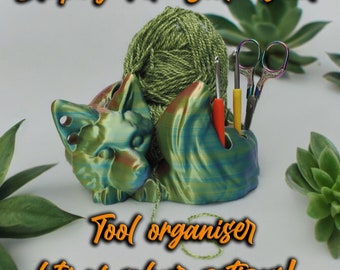 Awesome Yarn Bowl with Tool Slots, Sleeping Fox  - Knitting and Crochet Organizer