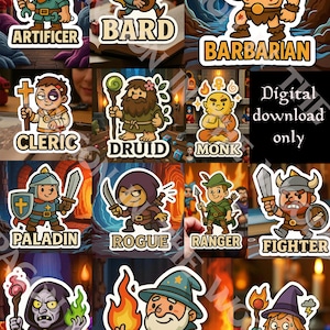May include: A set of cartoon character stickers depicting fantasy classes such as Artificer, Bard, Barbarian, Cleric, Druid, Monk, Paladin, Rogue, Ranger, Fighter, Warlock, Wizard, and Sorcerer. The text "Digital download only" is visible.