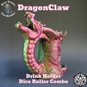 May include: A multi-coloured dragon-themed drink holder and dice roller combo. The product is primarily iridescent pink and green, with the words "DragonClaw" and "Drink Holder Dice Roller Combo" in the image. The product also has a dice tower can holder.