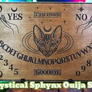 Engraved Maple Ouija Board – Sphynx Cat Spirit Board Set for Pagan & Gothic Decor