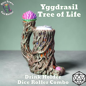 May include: A brown and green Yggdrasil Tree of Life drink holder and dice roller combo. The holder has a tree trunk design with a purple flower on top. The text "Yggdrasil Tree of Life" and "Drink Holder Dice Roller Combo" are visible.