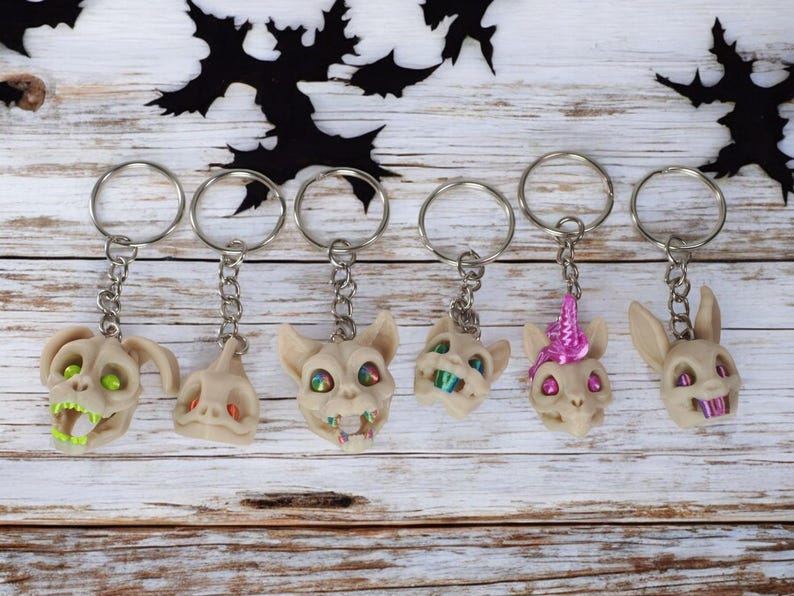 Skeleton Head Keyrings X 6 Pet Skeleton Heads Rabbit, Cat, Dog