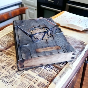 Peut inclure: Un journal relié en cuir marron foncé avec une couverture en bois sculpté et un fermoir en métal décoratif. Le journal est ouvert pour révéler des pages vierges. Une paire de lunettes noires repose sur le journal.