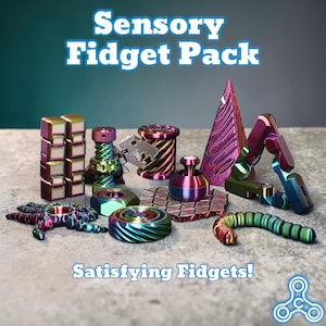 May include: A selection of iridescent fidget toys, including cubes, gears, and a curved track. The image displays the text "Sensory Fidget Pack" and "Satisfying Fidgets!"