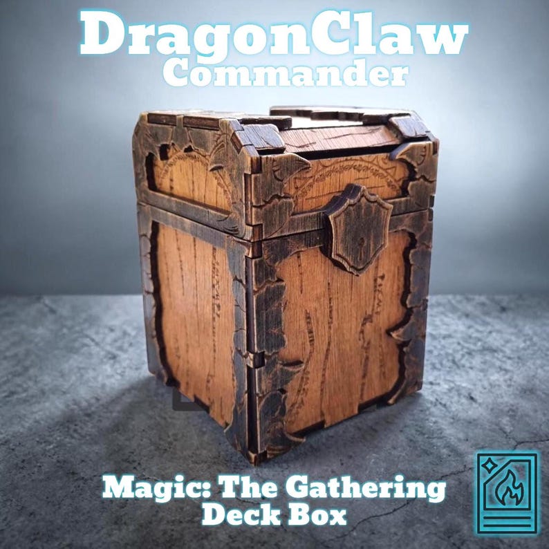 May include: Wooden deck box with the text "DragonClaw Commander" and "Magic: The Gathering Deck Box". The box has a rustic design with dark brown accents and a decorative shield on the front.